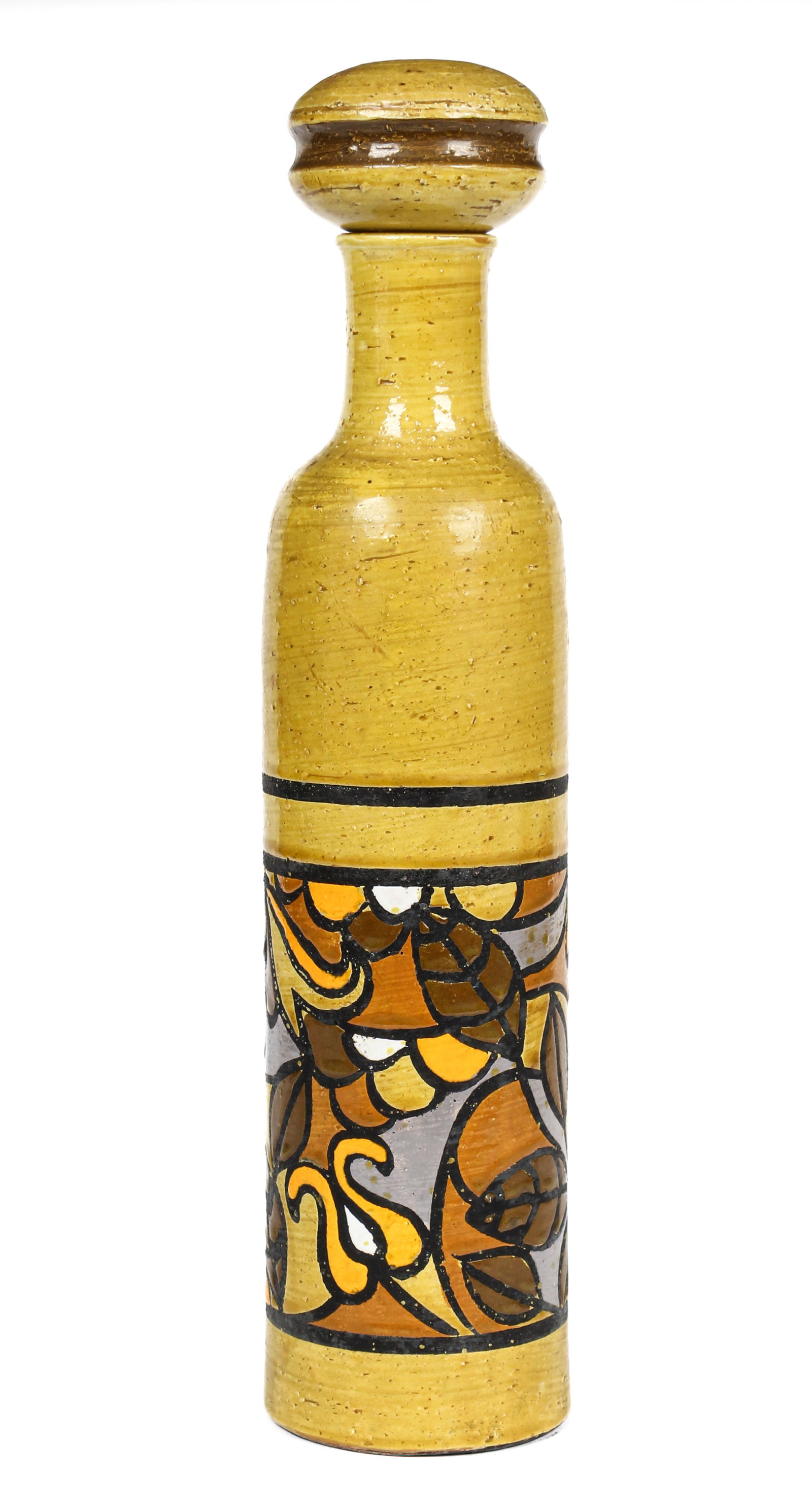 Large Mid Century Bitossi for Rosenthal Netter Italian Art Pottery Bottle Vase: Description: A signed large colorful mid-century art pottery lidded vase or bottle/decanter measuring 18" and having incised floral and foliate decoration. Type: Art pottery Materials: Ceramic, earthe