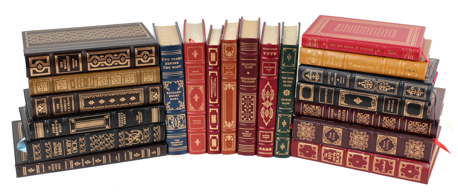 20 Franklin Library / Easton Press Leather Bound Books, Moby Dick, Steinbeck, Hemingway, Yeats, John: Description: A collection of mostly modern titles issued by The Franklin Library (15) and The Easton Press (5) to include: A Farewell to Arms, The Great Gatsby, The Sun Also Rises, Two Years Before Th