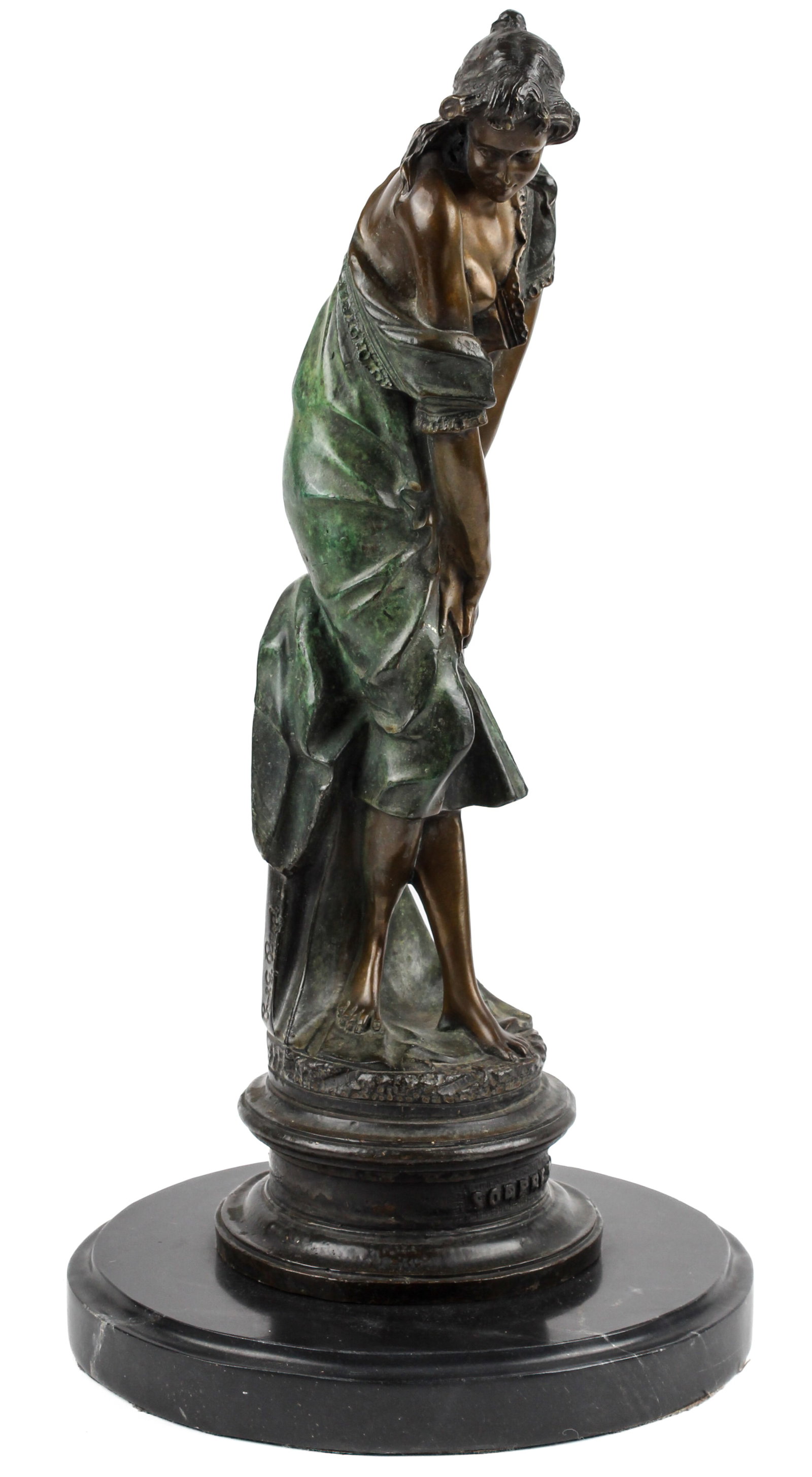 Giuseppe Bessi (Italian, 1857-1922) Sorpresa, Bronze Female Sculpture: Description: A large Italian bronze sculpture depicting a partially clothed woman caught by surprise, mounted on a marble base. Materials: Bronze, marble Markings & Inscriptions: Signed Date: 20th cen