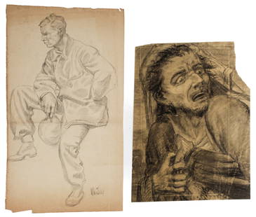 Willem de Zwart (Dutch, 1862-1931) Signed Pencil Drawing, Unsigned Charcoal Drawing: Description: Two antique figural works including graphite / pencil drawing depicting a laborer by Willem de Zwart and an unsigned charcoal work.Materials: Paper, graphite / charcoalMarkings & Inscript
