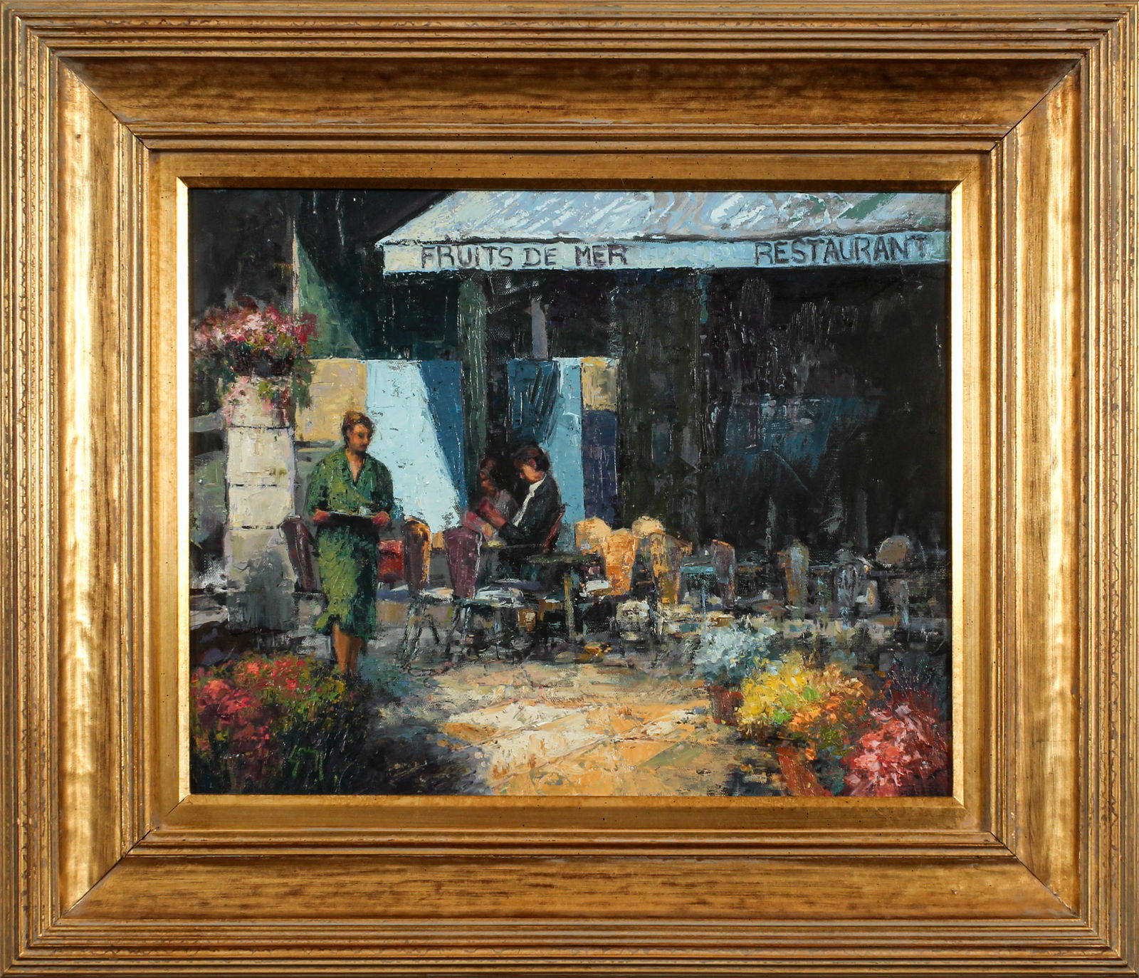 Contemporary French Impressionist Style Oil on Canvas Cafe Scene Painting, Signed (1 of 5)