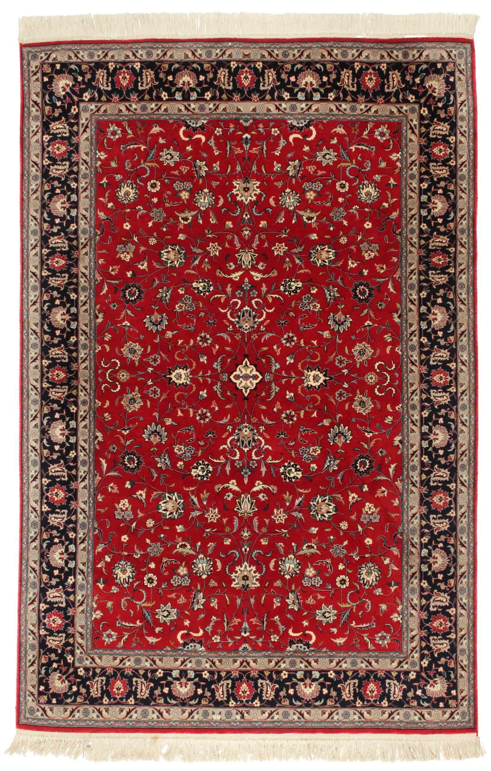 Indo-Persian Oriental Sarouk Wool Rug 9.5' x 6': Description: A vintage rug with multiple borders surrounding the burgundy to rose pink ground, accented by fine multi-color floral motifs and scrolls etc. Materials: Wool Markings & Inscriptions: Unma