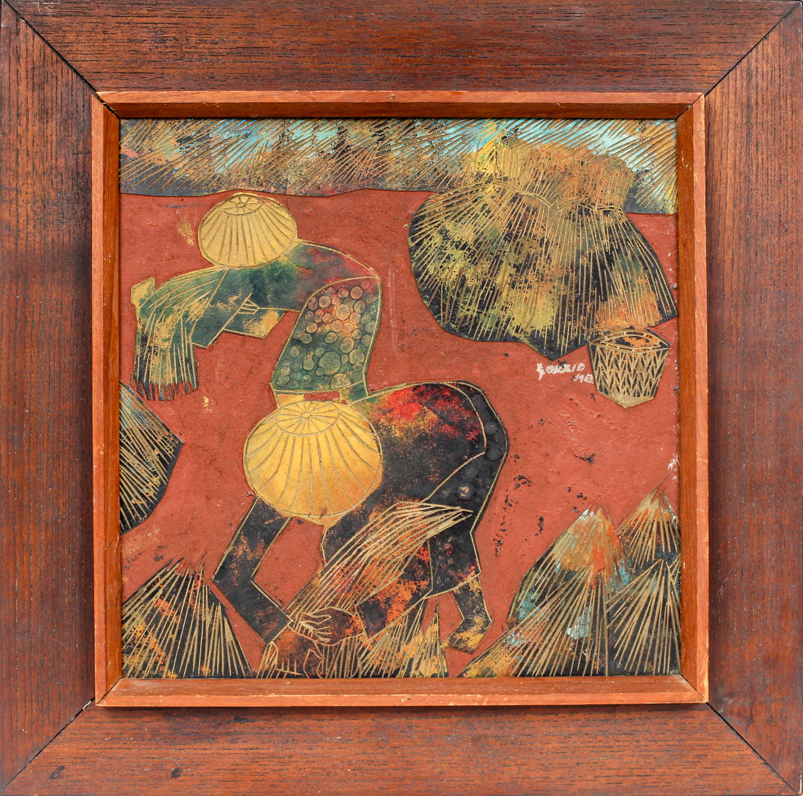 Sukrid Thareenak (Thai, B. 1940) Farmers, Sgraffito MIxed Media on Masonite Painting (1 of 6)