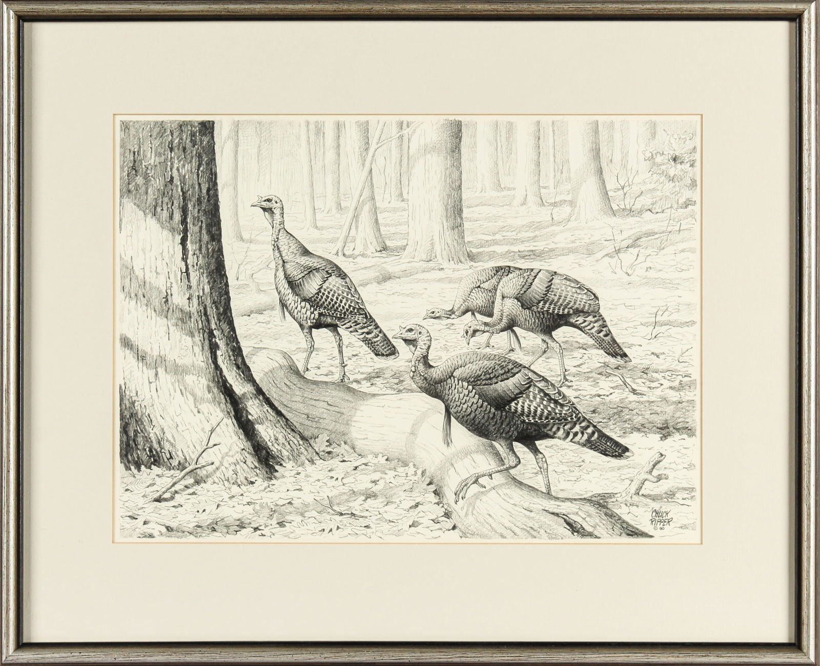 Chuck Ripper (American 1929-2019) Signed Graphite Drawing, Gaggle of Turkeys, 1980 (1 of 5)