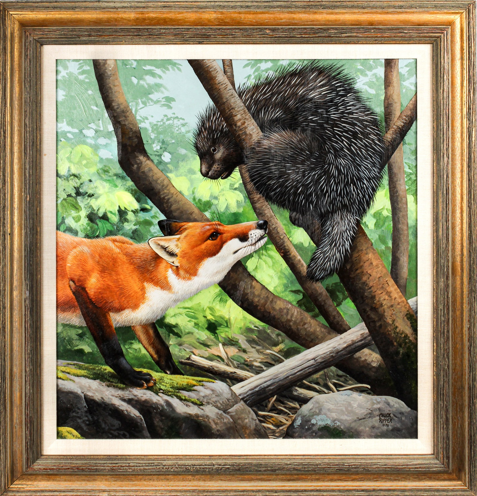 Chuck Ripper (American 1929-2019) Fox and Porcupine, Oil on Canvas Painting, 1978 (1 of 6)