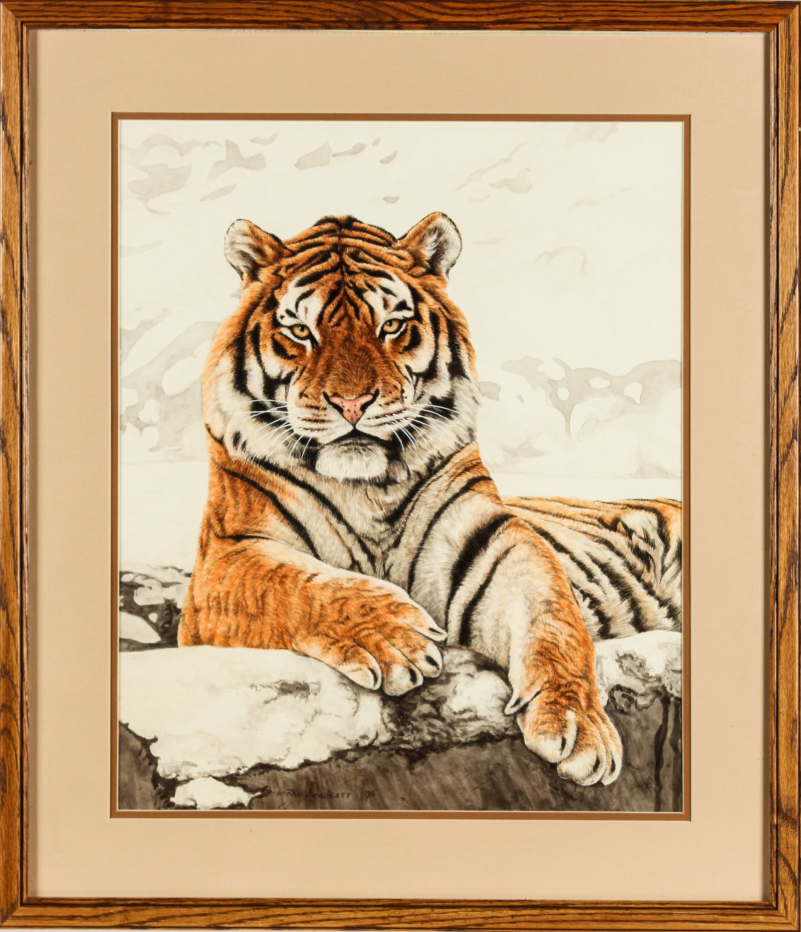 Rod Arbogast (American, 1948-2024) Bengal Tiger, Watercolor Painting, 1988: Description: A large realist watercolor painting depicting a seated Bengal tiger. Materials: Watercolor on paper Markings & Inscriptions:Signed and dated bottom left Date: 1988 Maker: Rod Arbogast (Am