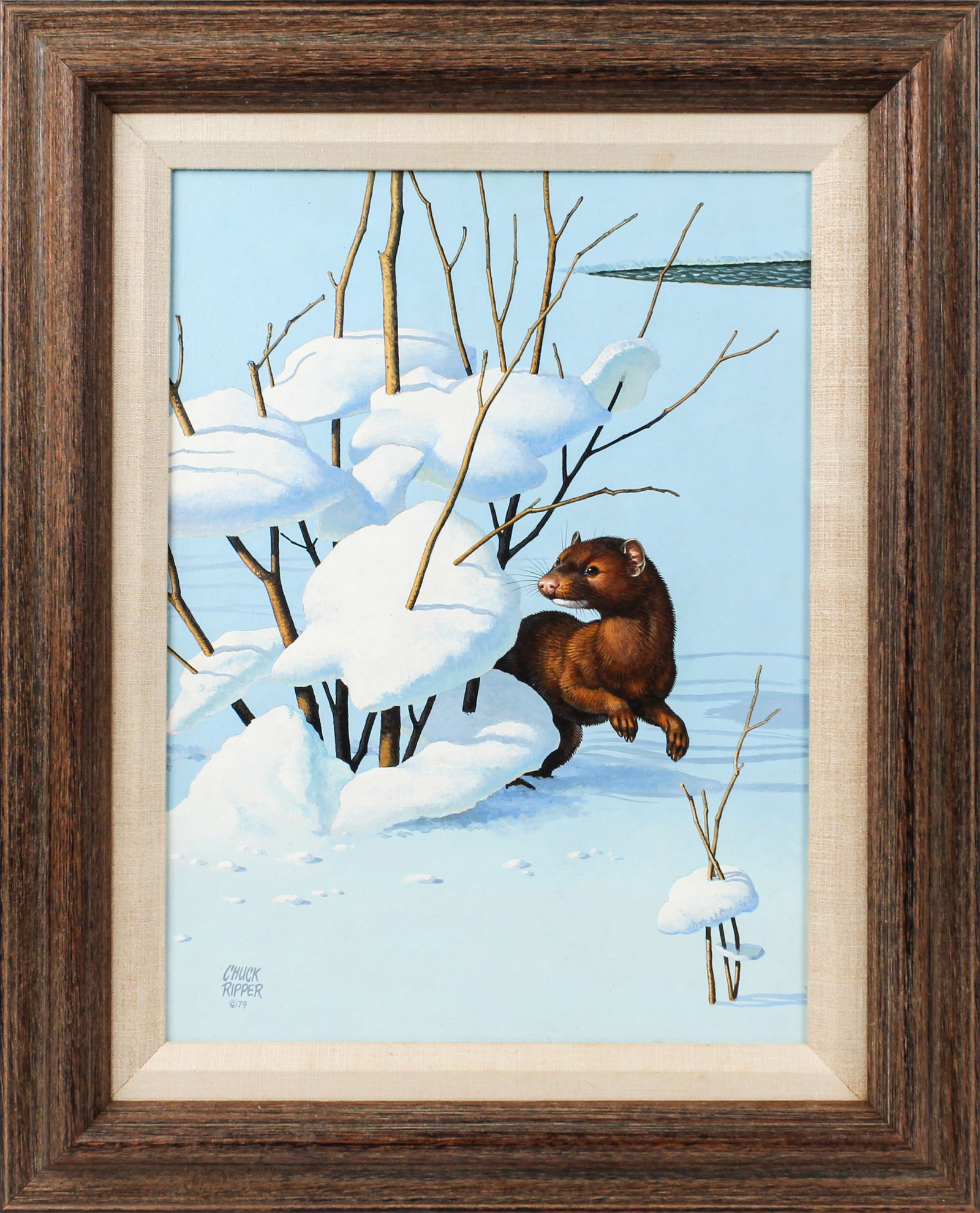 Chuck Ripper (American 1929-2019) Mink, Oil on Masonite Painting, 1979: Description: An oil on masonite painting by noted American wildlife artist Charles Lewis "Chuck" Ripper (WV/PA) depicting a mink in a snowy landscape. Materials: Oil on masonite Markings & Inscription