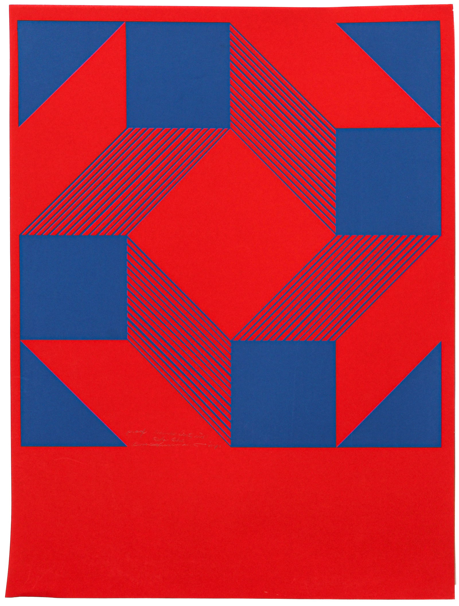 Burton Wasserman (American 1929-2017) Red on Blue, Geometric Op-Art Silkscreen (1 of 2)