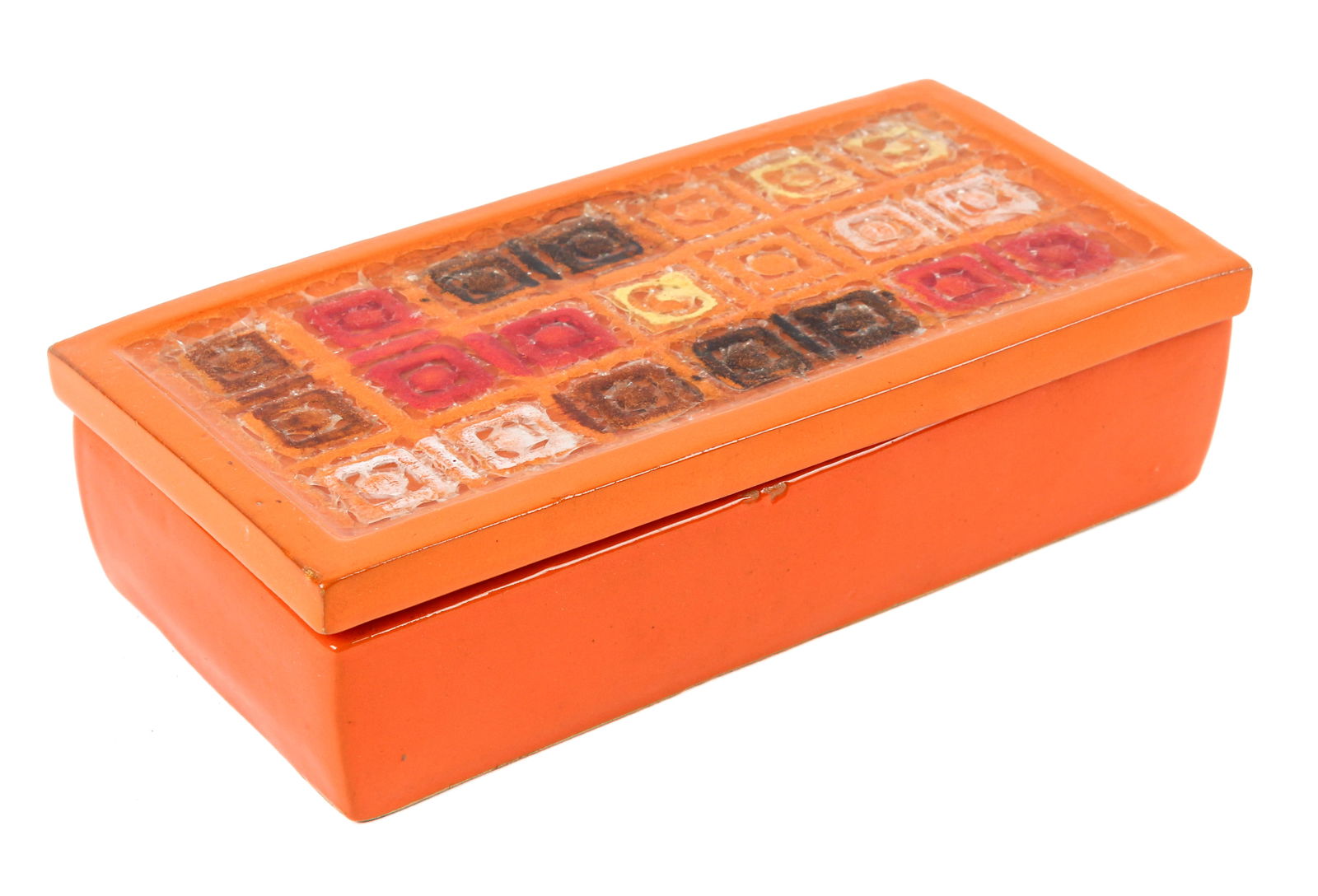 Aldo Londi / Bitossi for Raymor Mid-Century Fused Glass Lidded Art Pottery Box, Orange: Description: A bright orange mid-century art pottery box designed by Londi at Bitossi for Raymor, which features a geometric arrangement of colorful circles within squares under fused / crackle glass