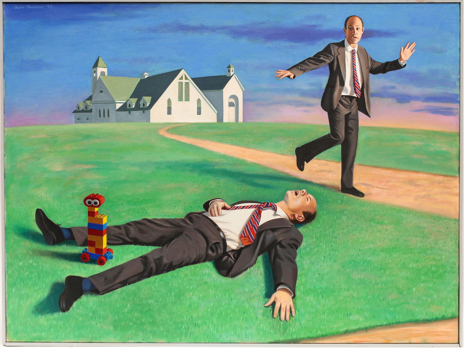 John Thornton (American, B. 1952) Suits, Oil on Canvas Painting: Description: A surreal oil on canvas depicting the artist wearing a suit, observing his own deceased body. John Thornton graduated from the Pennsylvania Academy of the Fine Arts in 1980. While in scho