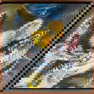 Raoul Middleman, (American, 1935-2021) Fish With Lemons, Oil on Canvas Painting: Description: A signed and well framed oil on canvas painting depicting two fish with lemons, by PAFA artist Raoul Middleman.Materials: Oil on canvasMarkings & Inscriptions: Signed Date: Mid to late 20
