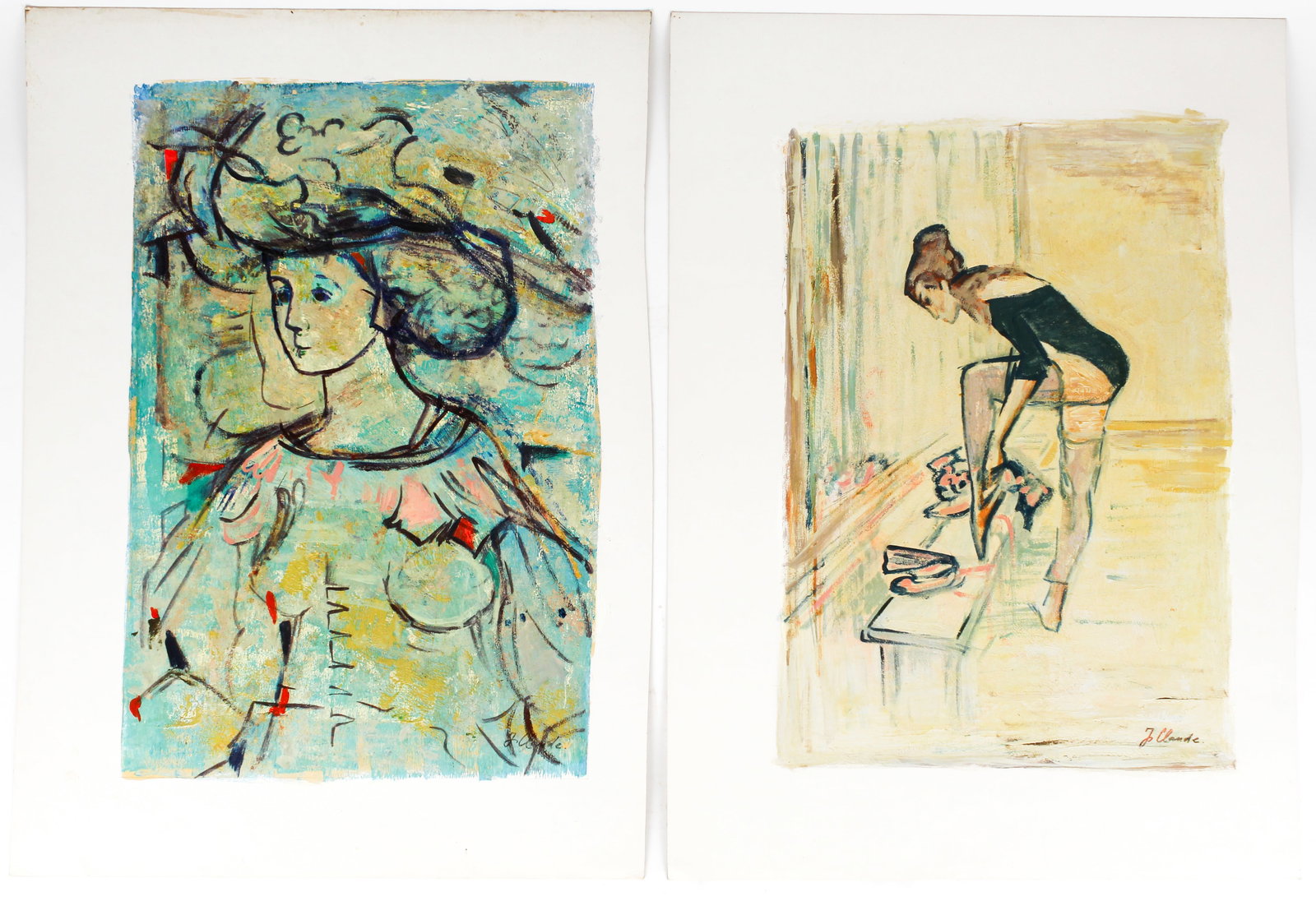J. Claude (French, 20th C.) Two Modernist Acrylic Paintings, Ballerina, Portrait (1 of 5)