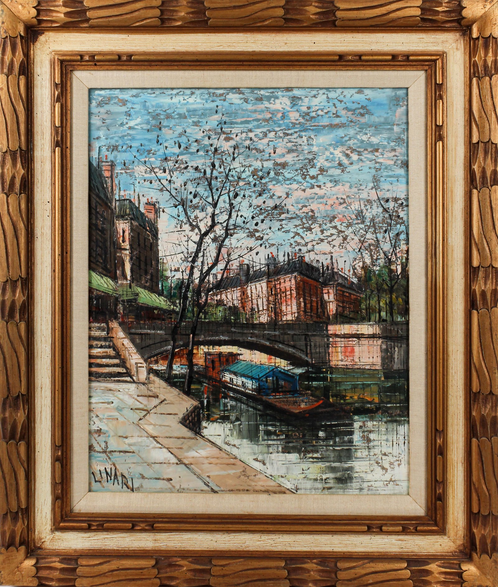 Giacomo Linari, Mid Century Paris River Seine Painting, Style of Bernard Buffet (1 of 5)