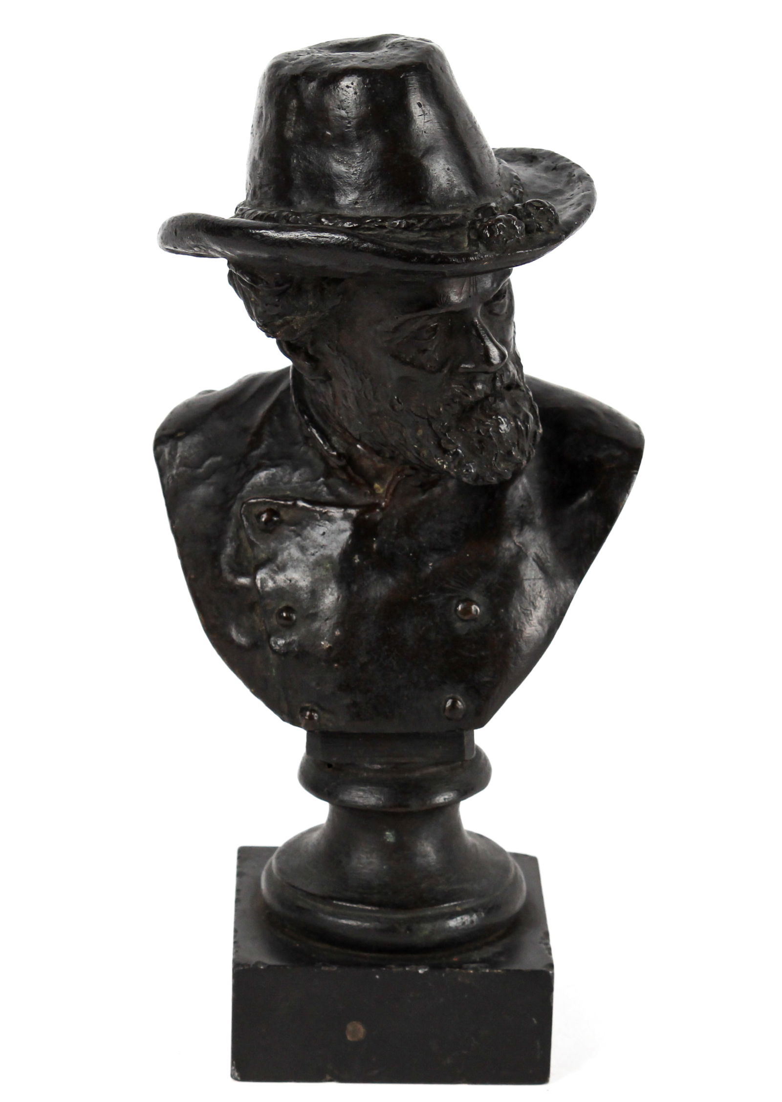 Moses Jacob Ezekiel (American, 1844-1917) General Robert E. Lee, Bronze Bust Sculpture: Description: A diminutive bronze bust, executed by Ezekiel circa late 19th century, of the Confederate General Robert E. Lee, mounted on a thick slate plinth.Materials: Bronze, slate Markings & Inscri