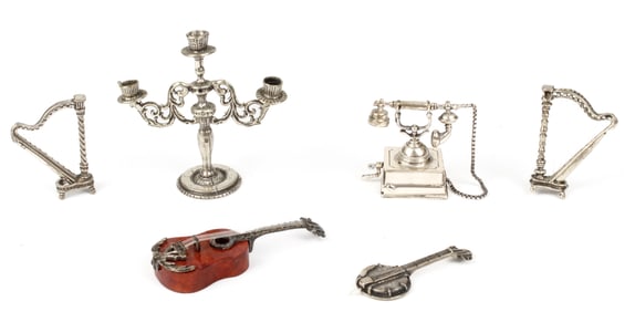 Italian .800 Silver Miniatures, Instruments, Candelabra, Telephone