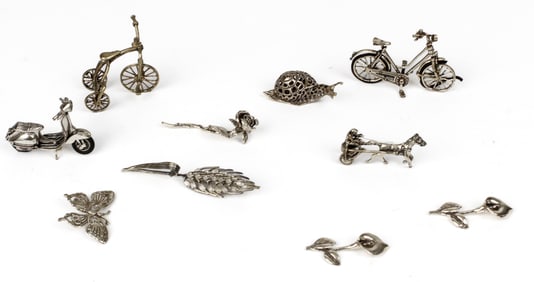 Italian .800 Silver Miniature Flowers, Bicycle, Snail, Etc.
