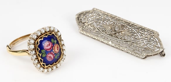 10k Gold Art Deco Bar Pin, 18K Gold Floral Enamel Ring with Pearls Attr. Toliro, Italy