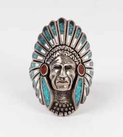 Navajo Chief Sterling Silver Ring, Turquoise, Coral, Onyx & Abalone Inlay