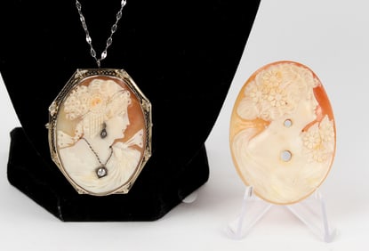 Two Shell Cameos, One Encased In 14K Gold With Diamonds