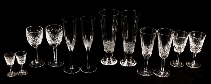 Twelve Waterford Crystal Glasses, Pilsner, Champagne, Wine, Aperitif Ensemble