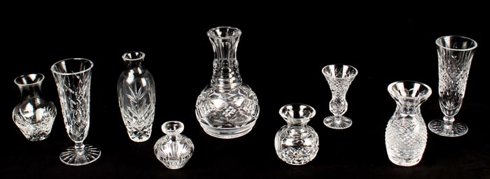 Nine Waterford Crystal Vases, Kilbarry Etc.