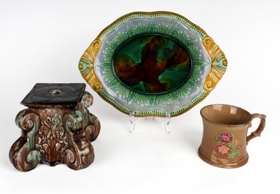 Antique Adams & Bromley Majolica Pottery Bread Plate / Platter, 19th C. English Majolica Cup Etc.