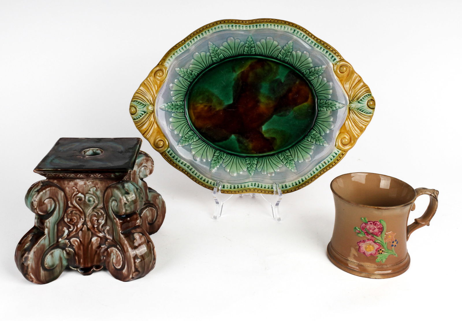 Antique Adams & Bromley Majolica Pottery Bread Plate / Platter, 19th C. English Majolica Cup Etc. (1 of 12)