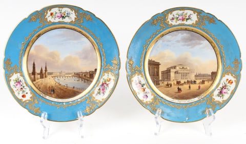 Two Antique Rihouet Paris Porcelain Moscow, Russia Scene Plates 19th C.