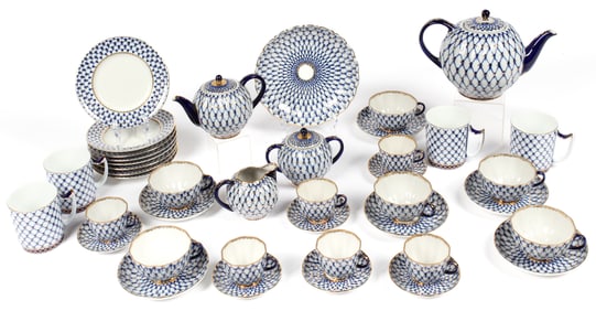 Lomonosov Russian Cobalt Net & 22K Gold Porcelain Coffee / Tea Service 44 Pieces