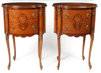 French Marquetry Inlaid Side Tables / Nightstands