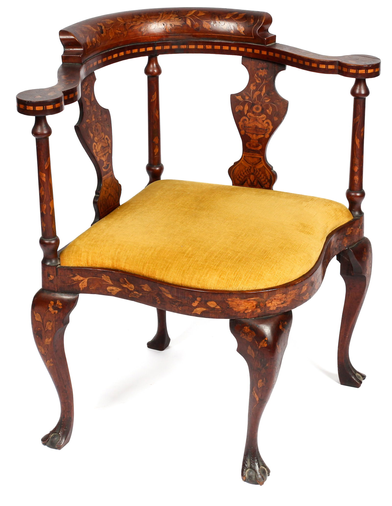 Dutch Marquetry Inlaid Mahogany Corner Chair: Description: A 19th century example with floral and foliate inlay, curved backrest, and carved ball & claw feet. Materials: Mahogany, blonde wood Markings & Inscriptions: Unmarked Date: 19th century M