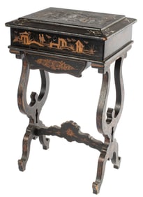 French Inlaid Black Lacquer Chinoserie Work Stand / Sewing Box, Late 19th C.