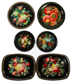 Six Vintage Russian Tole Hand Painted Floral Trays, Zhostovo, Etc.