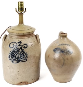 Antique Blue Decorated L. Norton Stoneware Jug & Crock Lamp
