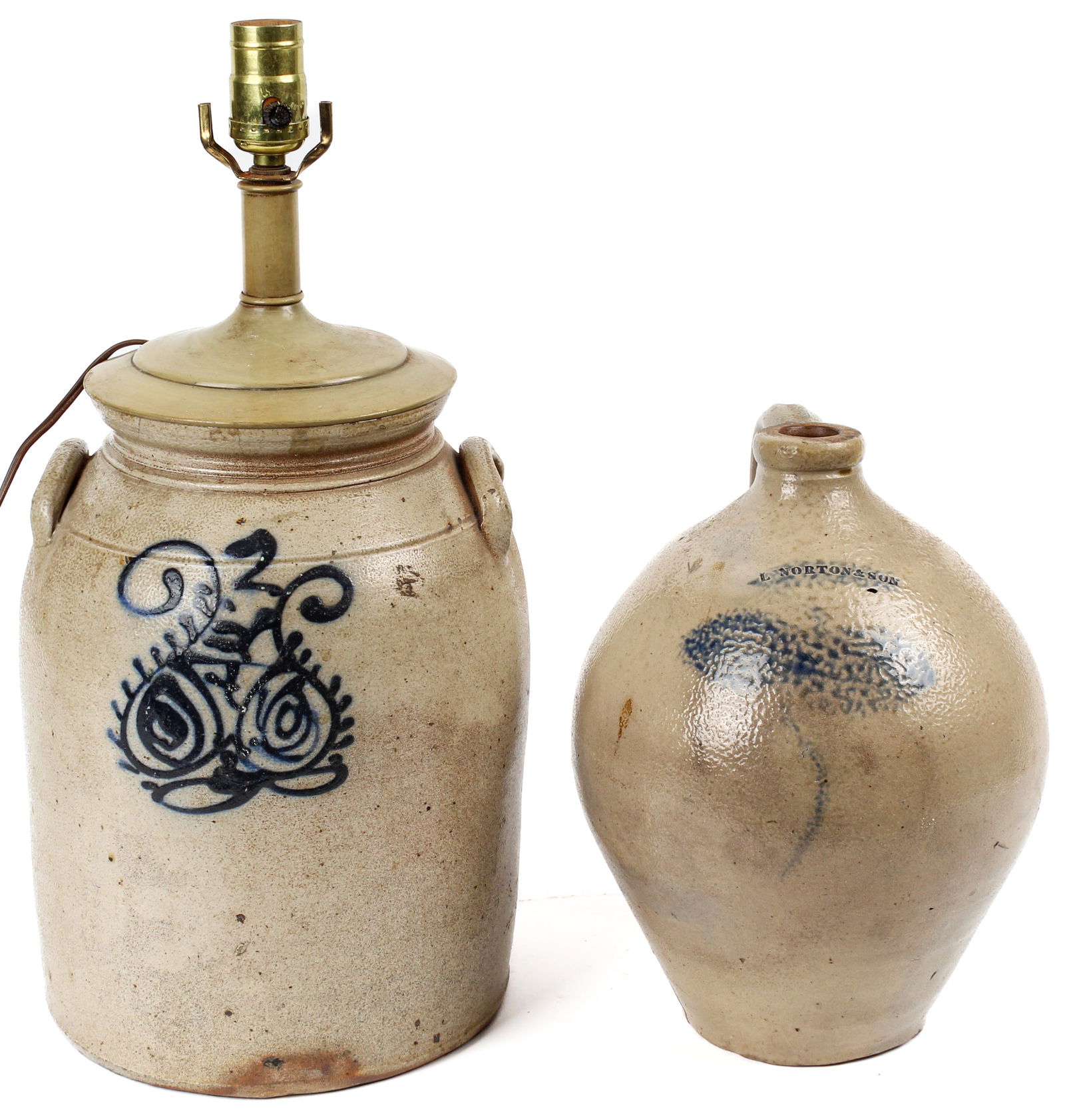 Antique Blue Decorated L. Norton Stoneware Jug & Crock Lamp (1 of 6)