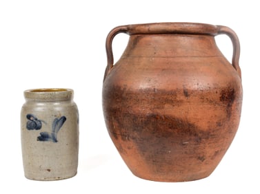 19th Century Salt Glaze Stoneware Crock, Two Handled Redware Pot