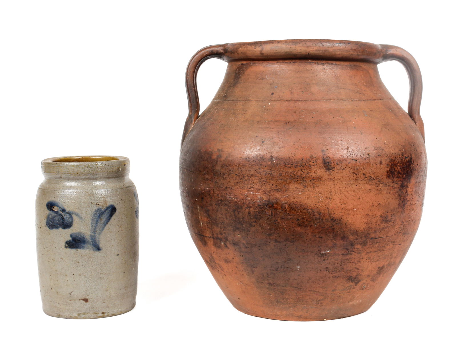19th Century Salt Glaze Stoneware Crock, Two Handled Redware Pot (1 of 7)