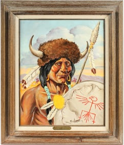 Fred Harman (American, 1902-1982) A Plains Warrior, Oil on Canvas Painting