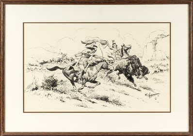 Fred Harman (American, 1902-1982) Buffalo Hunt, Large Western Ink Drawing