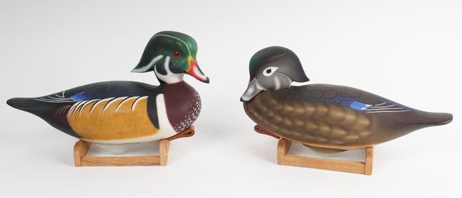 Signed Pair of Solid Body Wood Duck Decoys, Drake and Hen. 2009