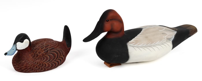 Two Duck Decoys, Canvasback Drake 2009, Ruddy Duck Drake, J. D. Duncan 1983