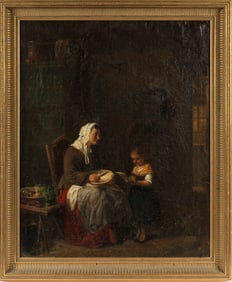 18th / 19th Century Dutch School, Mother and Daughter, Interior Scene Oil on Canvas Painting