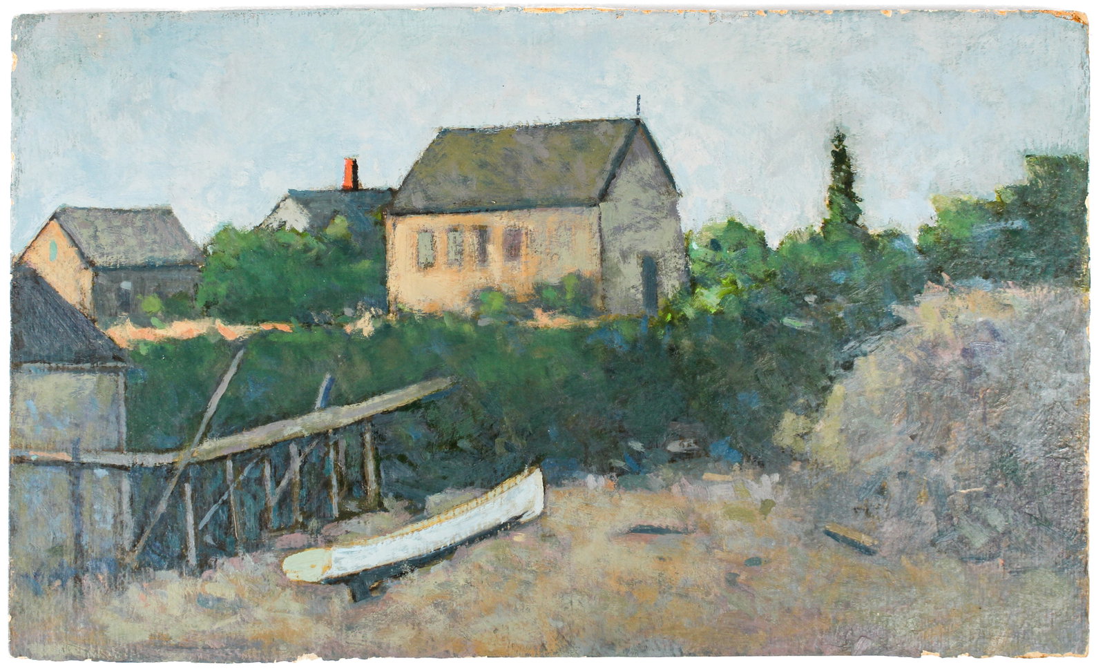 Paul Wescott (American, 1904-1970) Evening, Oil on Board Painting: Description: An Impressionist style work depicting a boat on the shore near a small group of houses, likely in Maine. Materials: Oil on board Markings & Inscriptions: Unsigned Date: Mid 20th century M