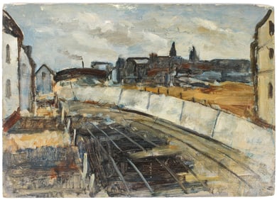 Paul Wescott (American, 1904-1970) Reading Tracks, Pottstown, Oil on Panel Painting