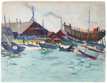 Paul Wescott (American, 1904-1970) Docked Ships, Oil on Panel Painting