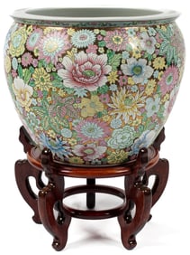 Large Chinese Famille Rose / Mille Fleur Porcelain Fish Bowl On Stand