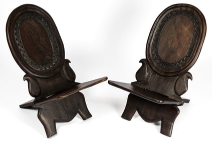 Two African Tribal Carved Wood Birthing Chairs