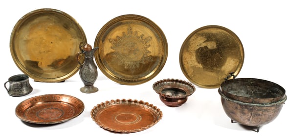 Nine Ottoman Islamic Copper and Metal Articles, Cup, Bowl Etc.