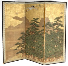 19th Century Japanese Painted Three-Panel Screen