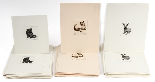 Christine McGinnis (American, 1937-2019) Fifty Three Etchings, Lion Cub, Siamese, Western Rabbit